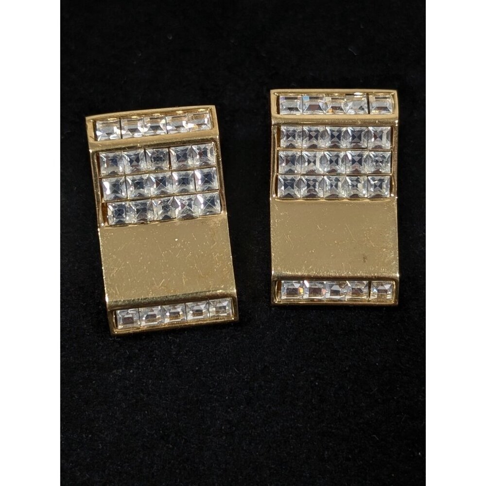 Vintage Swarovski Swan Sign Square Crystal Zig Zag Drop Earrings Gold Tone